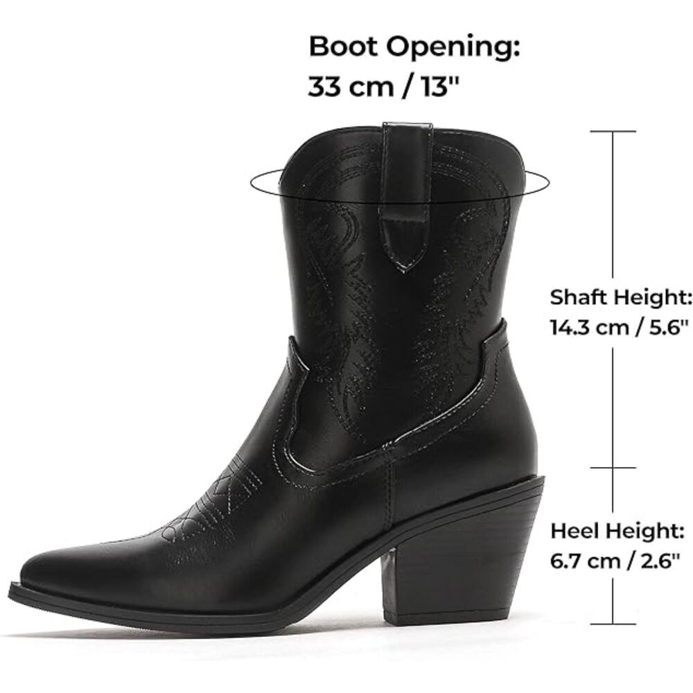 Women's Black Western Booties with Pointed Toe Stylish Short Booties Block Heel